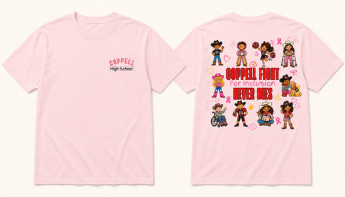Pink Coppell High School breast cancer awareness inclusion shirt, front and back
