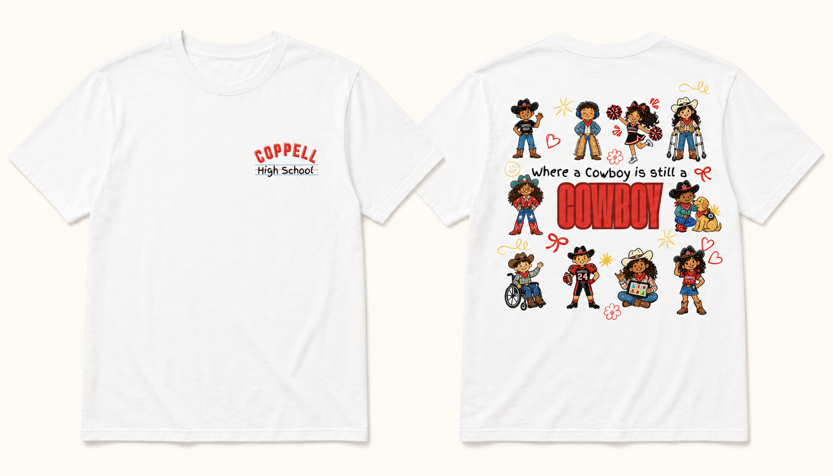 White Coppell High School inclusion spirit shirt, front and back