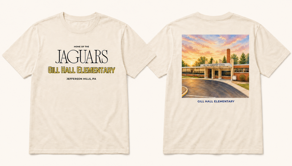 Gill Hall Elementary watercolor spirit tee, front and back