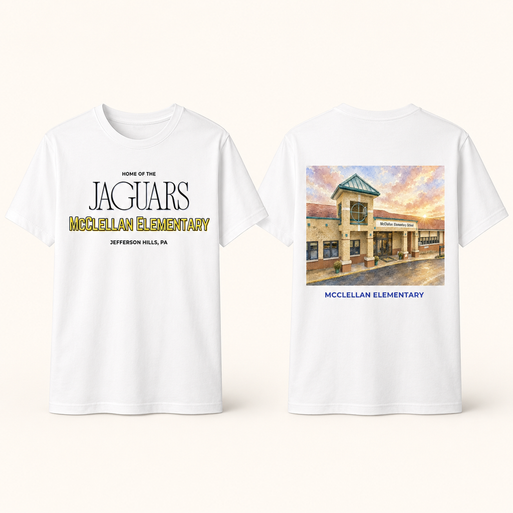 McClellan Elementary watercolor spirit tee, front and back on white shirts