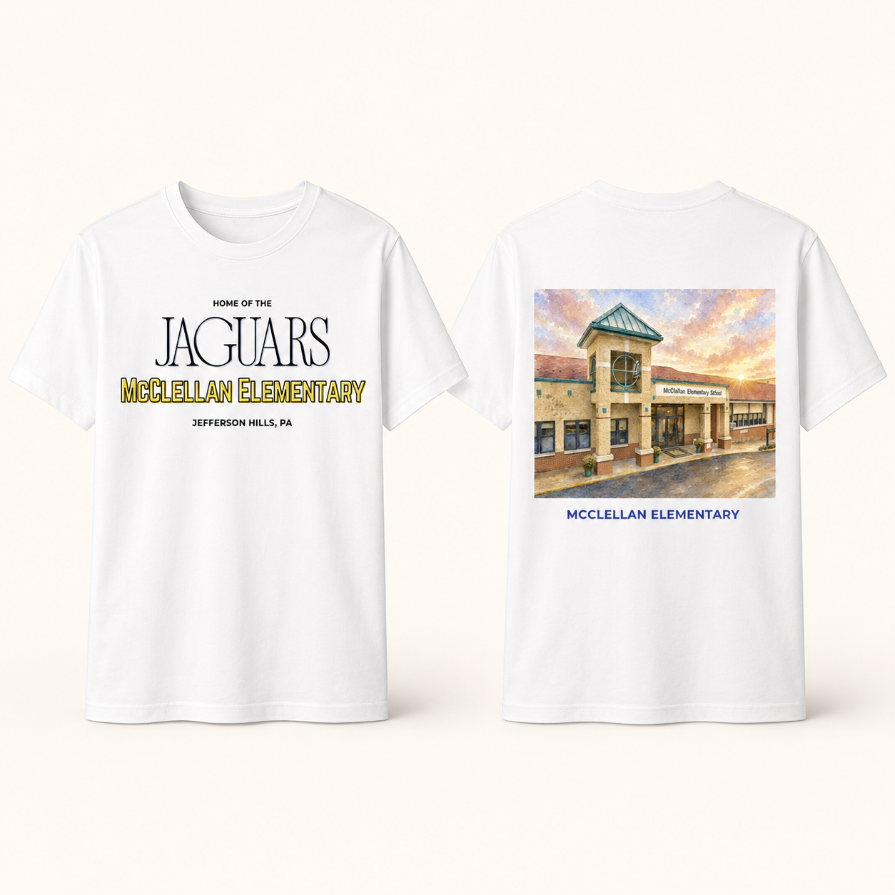 McClellan Elementary watercolor spirit tee, front and back on white shirts