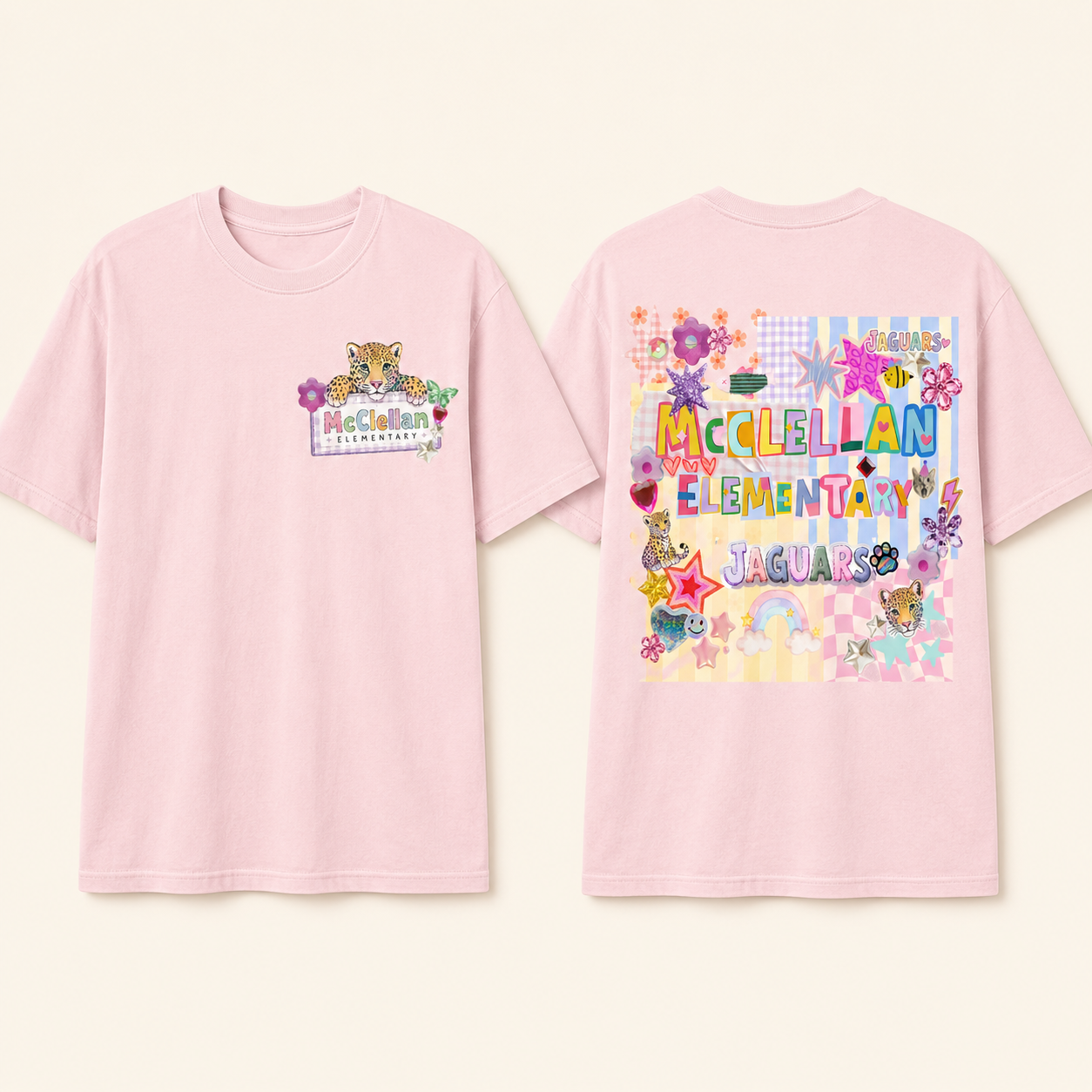 Scrapbook Spirit pink McClellan Elementary shirt, front and back
